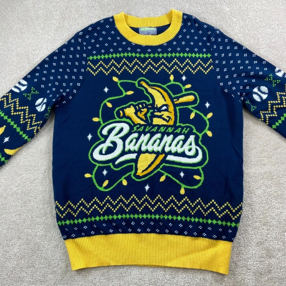 Go Bananas Savannah Bananas Sweater Mens XL Blue Ugly Christmas Holiday Baseball